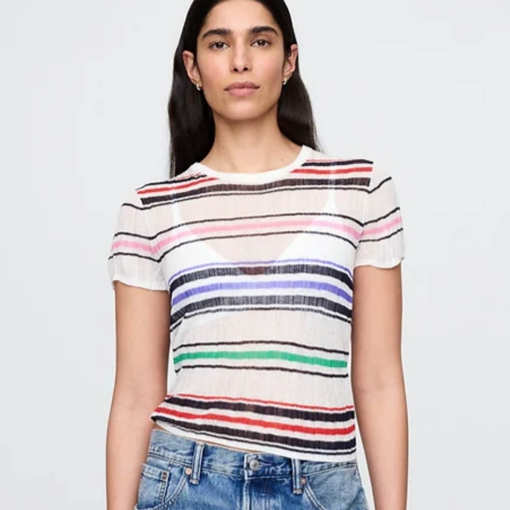 GAP Women's Sheer Rib Sweater Striped Short Sleeve Tee - Multicolor XS
